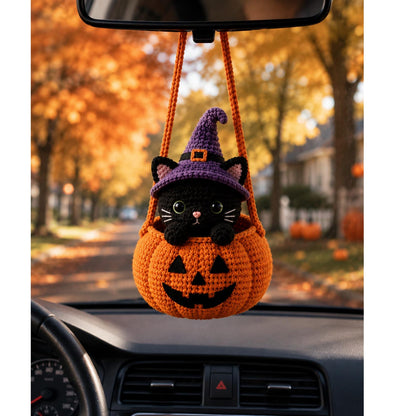 Pumpkin & Black Cat Rearview Mirror Charm,Halloween Crochet Car Hanging, Cute Spooky Car Decor, Handmade Halloween Ornament