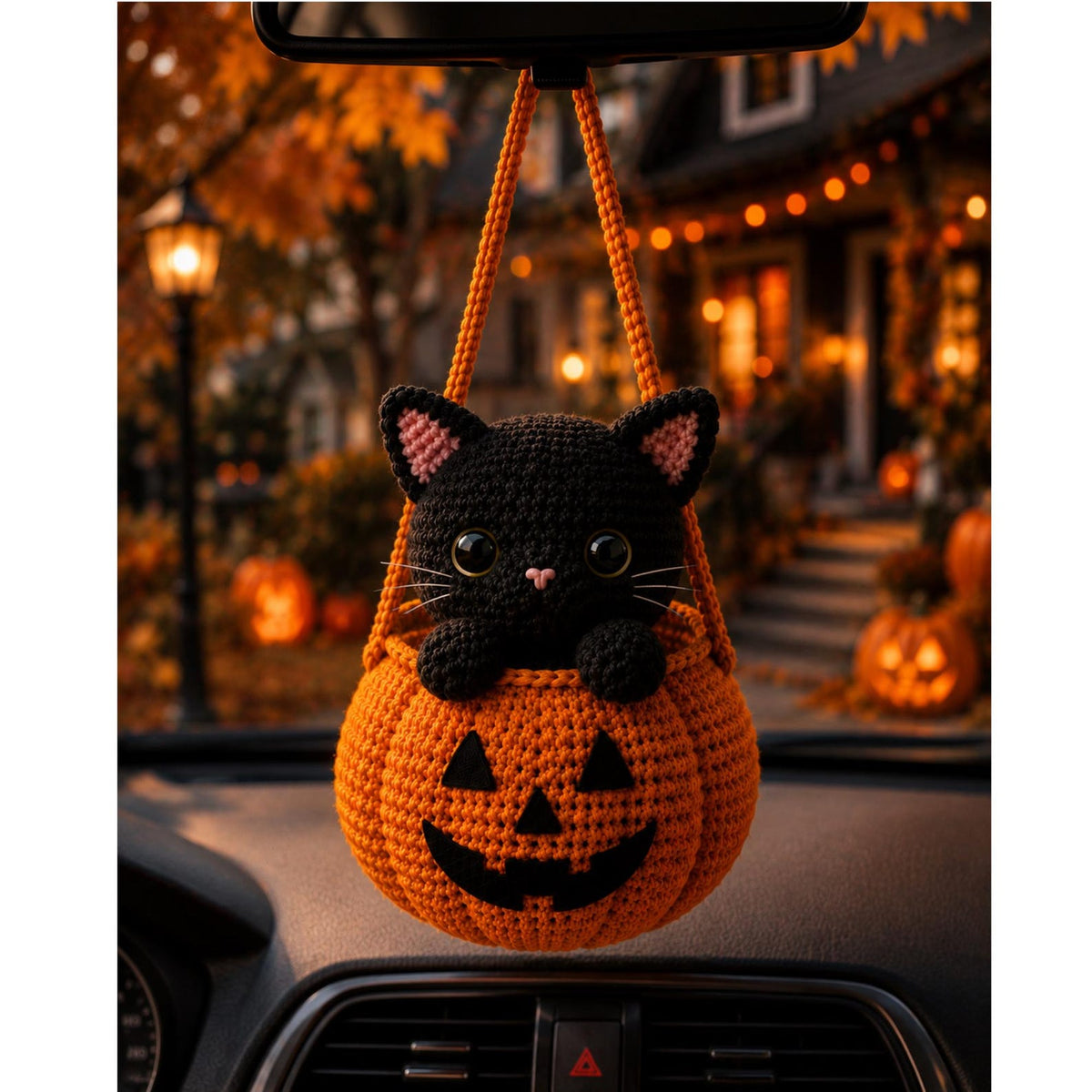 Pumpkin & Black Cat Rearview Mirror Charm,Halloween Crochet Car Hanging, Cute Spooky Car Decor, Handmade Halloween Ornament