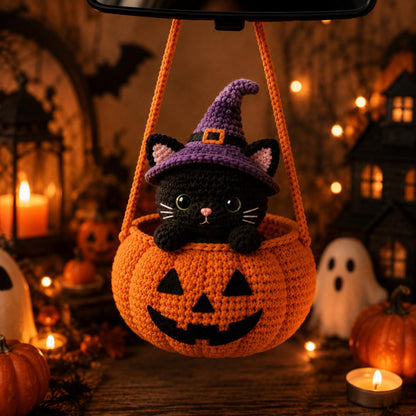 Pumpkin & Black Cat Rearview Mirror Charm,Halloween Crochet Car Hanging, Cute Spooky Car Decor, Handmade Halloween Ornament