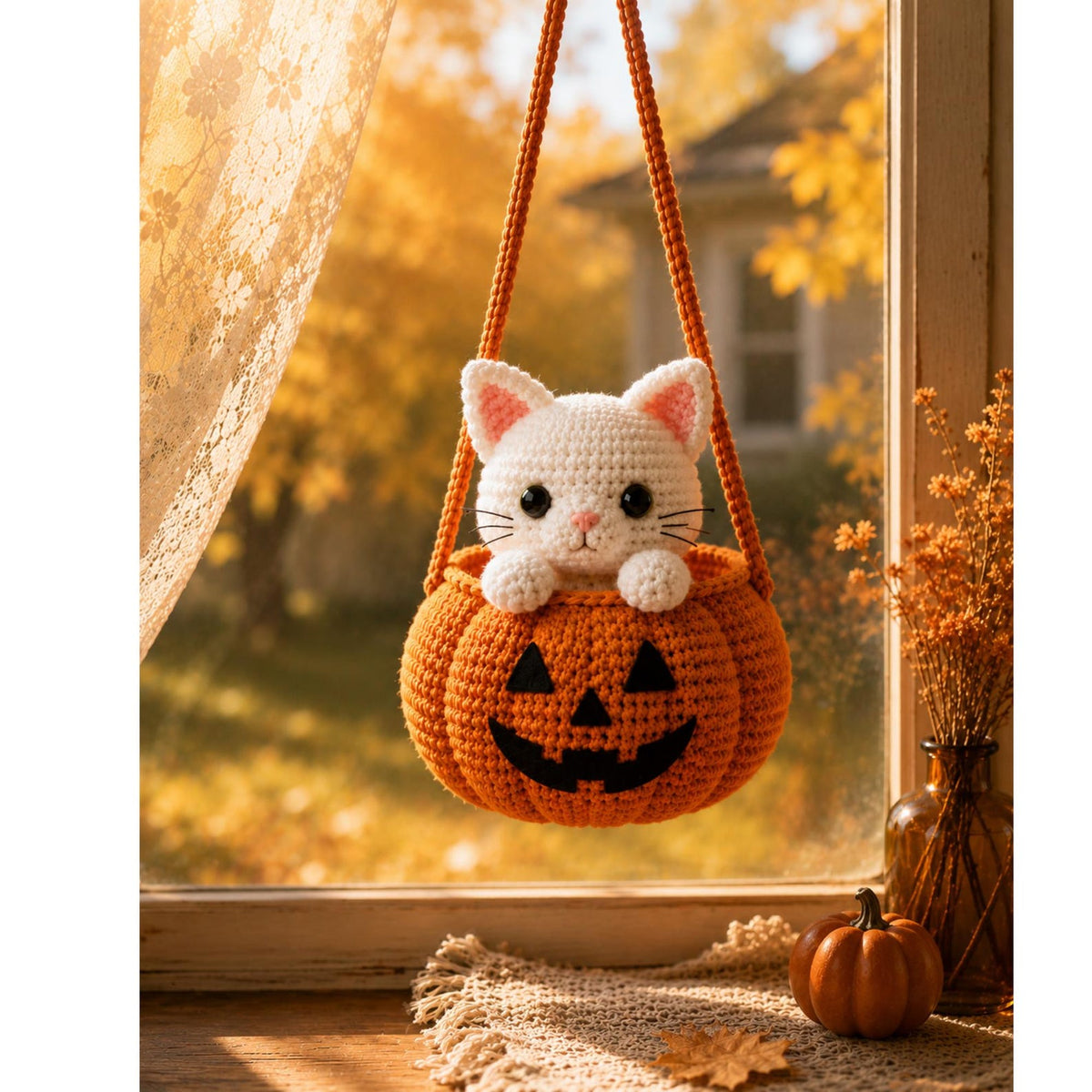 Pumpkin & Black Cat Rearview Mirror Charm,Halloween Crochet Car Hanging, Cute Spooky Car Decor, Handmade Halloween Ornament