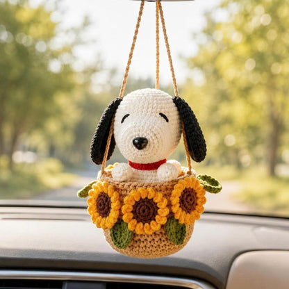 Handmade Crochet Dog Car Hanging, Cute Puppy Rearview Mirror Charm, Sunflower Basket Ornament, Amigurumi Car Accessory, Gift for Dog Lovers