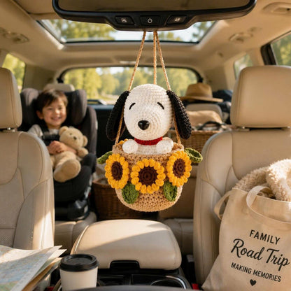 Handmade Crochet Dog Car Hanging, Cute Puppy Rearview Mirror Charm, Sunflower Basket Ornament, Amigurumi Car Accessory, Gift for Dog Lovers