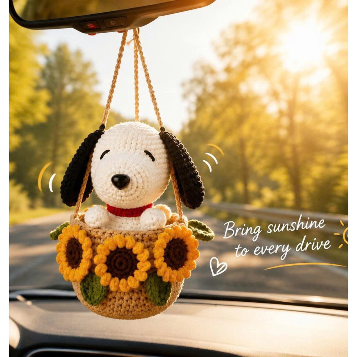 Handmade Crochet Dog Car Hanging, Cute Puppy Rearview Mirror Charm, Sunflower Basket Ornament, Amigurumi Car Accessory, Gift for Dog Lovers