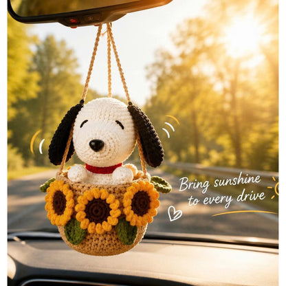 Handmade Crochet Dog Car Hanging, Cute Puppy Rearview Mirror Charm, Sunflower Basket Ornament, Amigurumi Car Accessory, Gift for Dog Lovers
