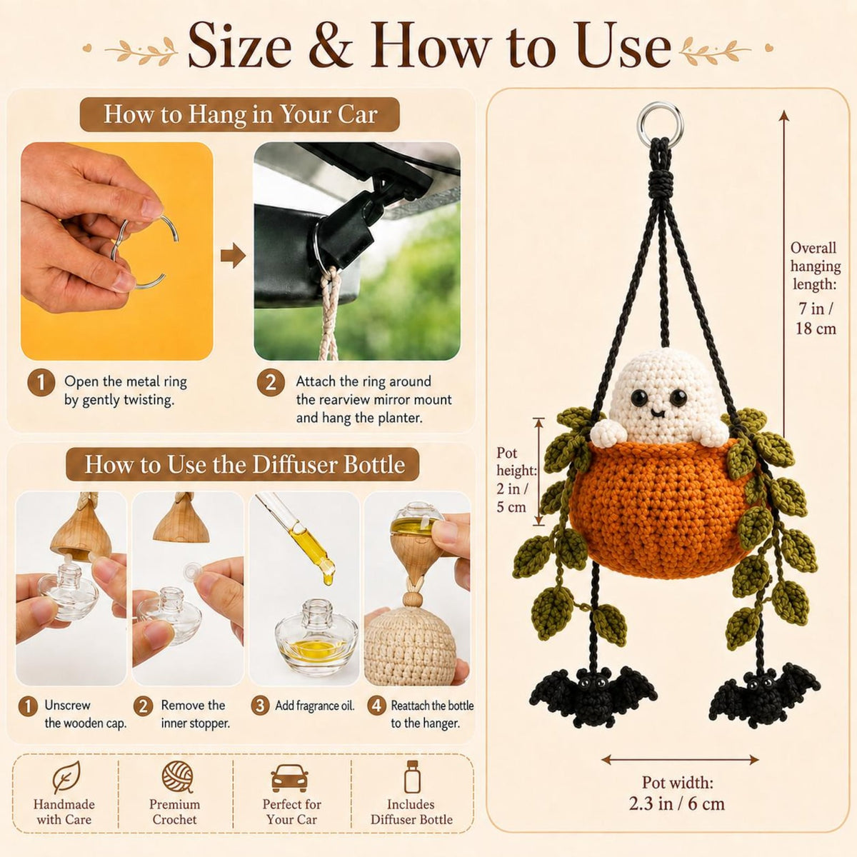 Boo in a Pumpkin Crochet Car Hanging, Ghost & Bat Halloween Plant Car Charm, Cute Car Accessory, Plant Lover Gift