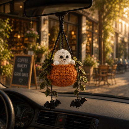 Boo in a Pumpkin Crochet Car Hanging, Ghost & Bat Halloween Plant Car Charm, Cute Car Accessory, Plant Lover Gift