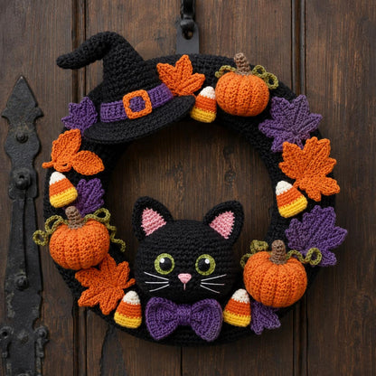 Crochet Halloween Wreath, Handmade Ghost Pumpkin Bat Door Decor, Halloween Welcome Door Sign, Halloween Door Hanger