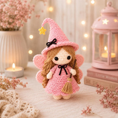 Handmade Crochet Witch Doll, Cute Halloween Amigurumi Fairy, Mini Witch Decor, Spooky Season Gift, Fall Desk Decor, Witch Lover Gift