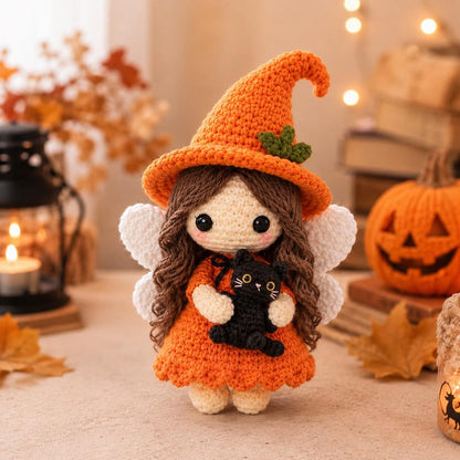 Handmade Crochet Witch Doll, Cute Halloween Amigurumi Fairy, Mini Witch Decor, Spooky Season Gift, Fall Desk Decor, Witch Lover Gift