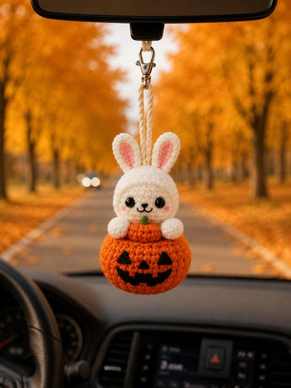 Halloween Crochet Car Hanging, Black Cat Bunny Bat Ghost Mummy Dog Rearview Mirror Charm, Handmade Car Vent Clip, Halloween Gift