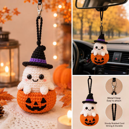 Halloween Crochet Car Hanging, Black Cat Bunny Bat Ghost Mummy Dog Rearview Mirror Charm, Handmade Car Vent Clip, Halloween Gift