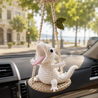 Cute Crocheted Lizard Car Charm, Handmade Amigurumi Lizard on Swing, Rearview Mirror Ornament, Funny Car Decor, Reptile Lover Gift