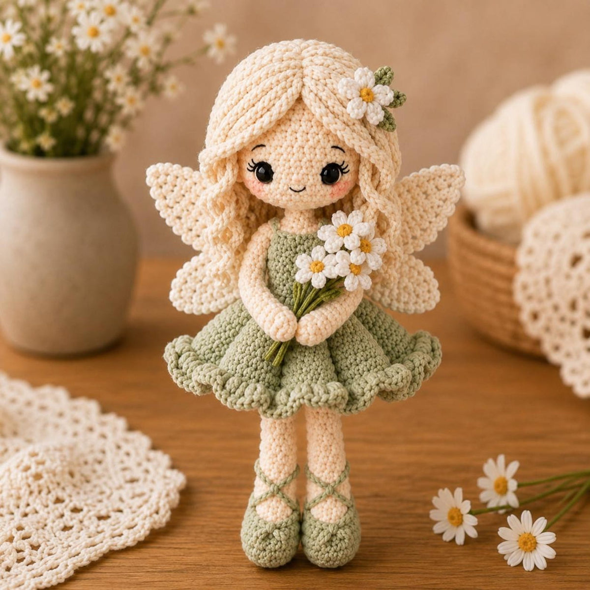 Crochet Fairy Doll, Handmade Amigurumi Angel, Ballerina and Flower Fairy, Fantasy Room Decor, Unique Crochet Gift