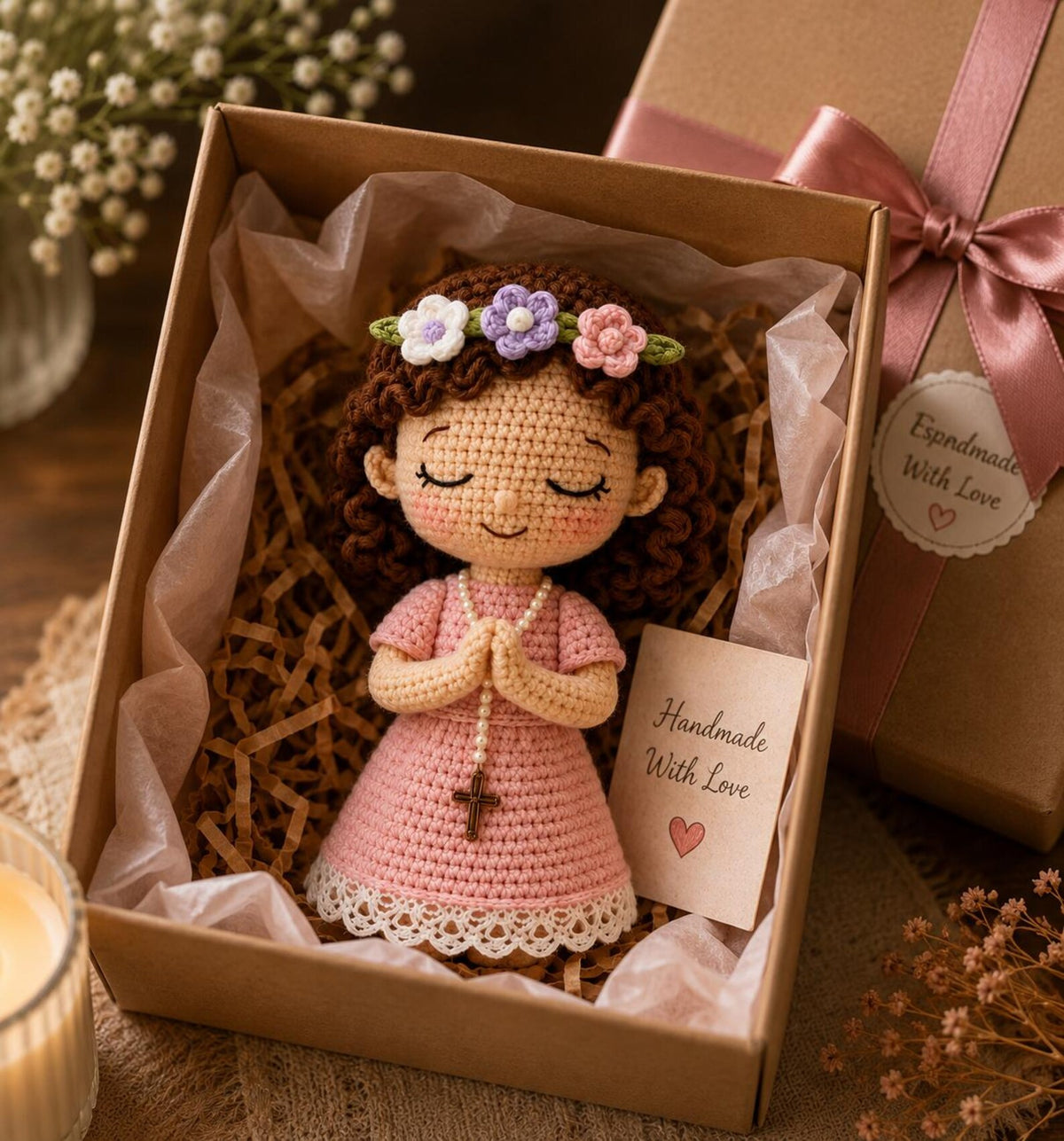 Handmade Crochet Prayer Doll, Praying Girl with Rosary, First Communion Gift, Catholic Keepsake, Christian Religious Gift, Prayer Decor