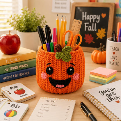 Crochet Pumpkin Pencil Holder, Halloween Desk Organizer, Cute Pumpkin Pen Cup, Fall Desk Decor, Teacher Gift, Handmade Crochet