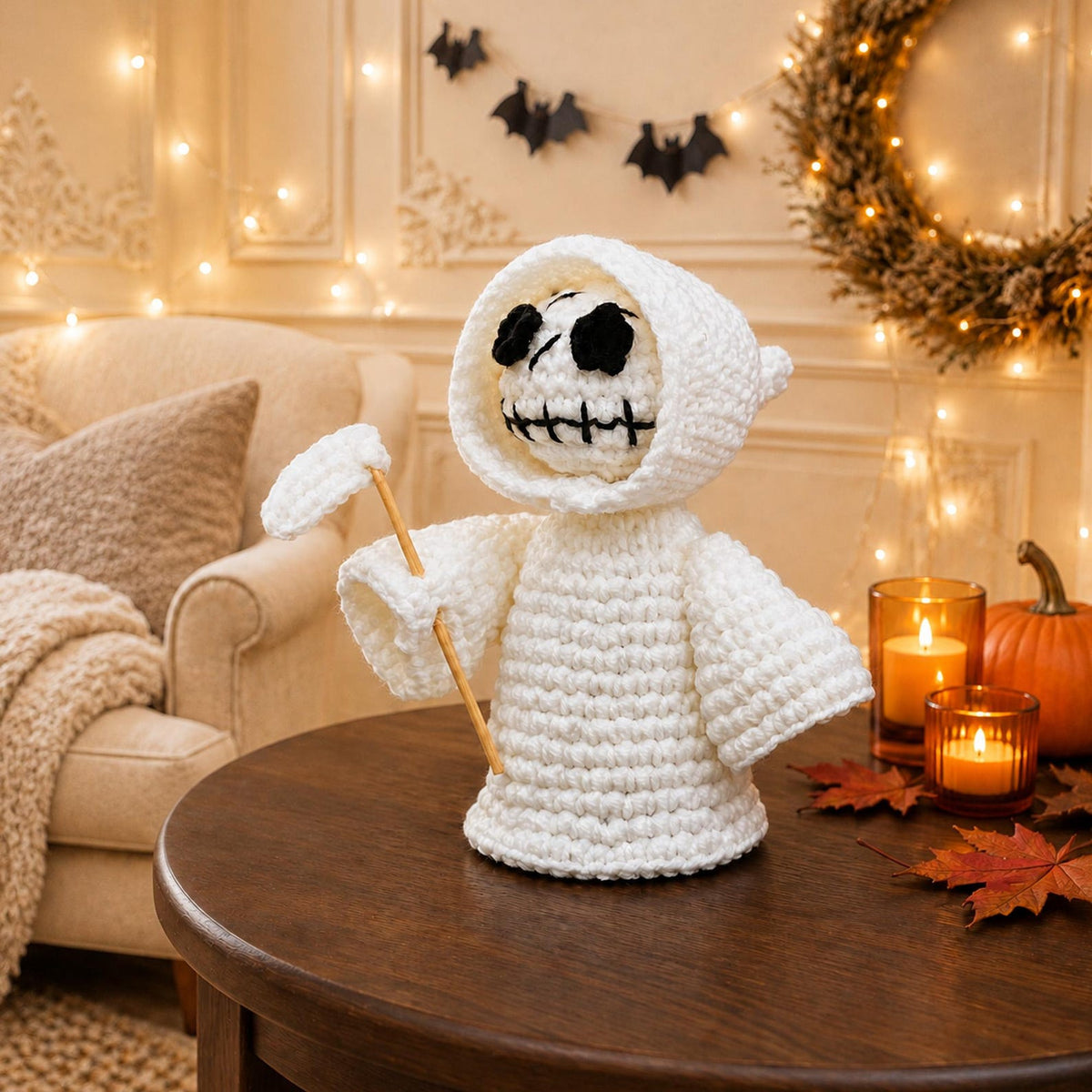 Handmade Crochet Halloween Doll, Cute Ghost Decor, Fall Tabletop Decoration, Spooky Desk Accent, Unique Halloween Gift for Ghost Lovers