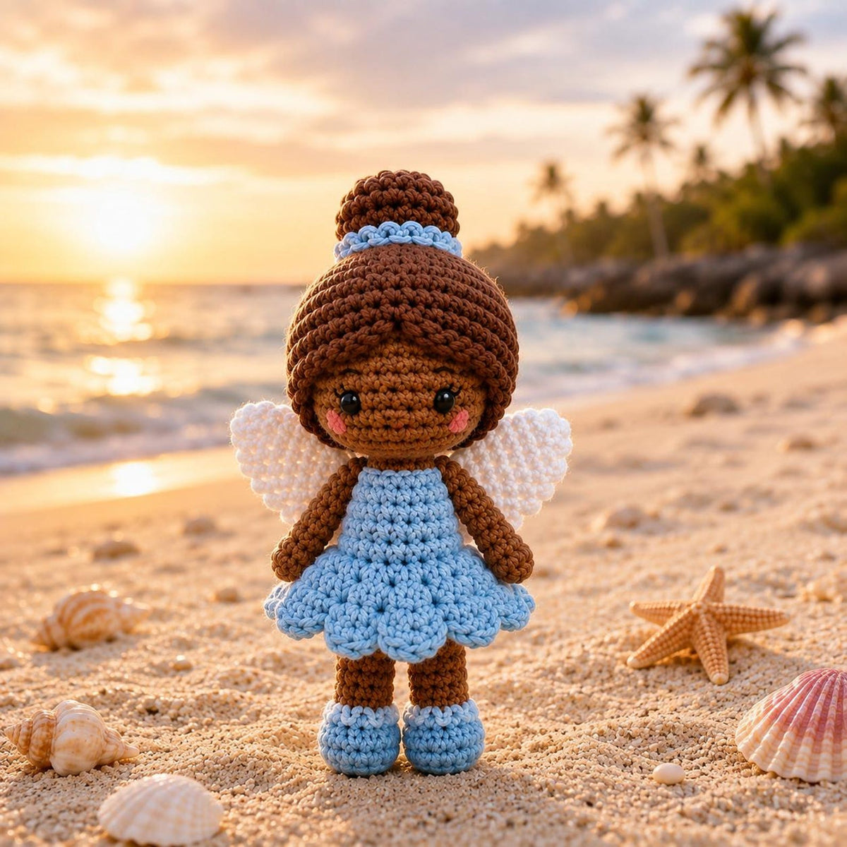 Handmade Crochet Brown Skin Angel Doll, Amigurumi Fairy Doll, Guardian Angel Gift, Nursery Decor, Baby Shower Gift, Angel Keepsake