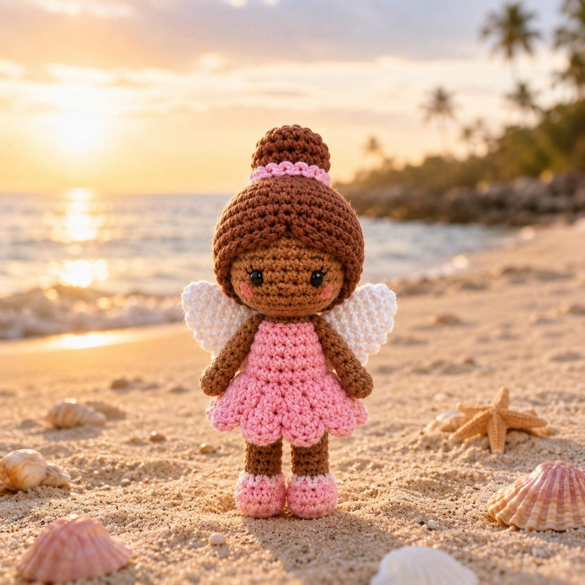 Handmade Crochet Brown Skin Angel Doll, Amigurumi Fairy Doll, Guardian Angel Gift, Nursery Decor, Baby Shower Gift, Angel Keepsake
