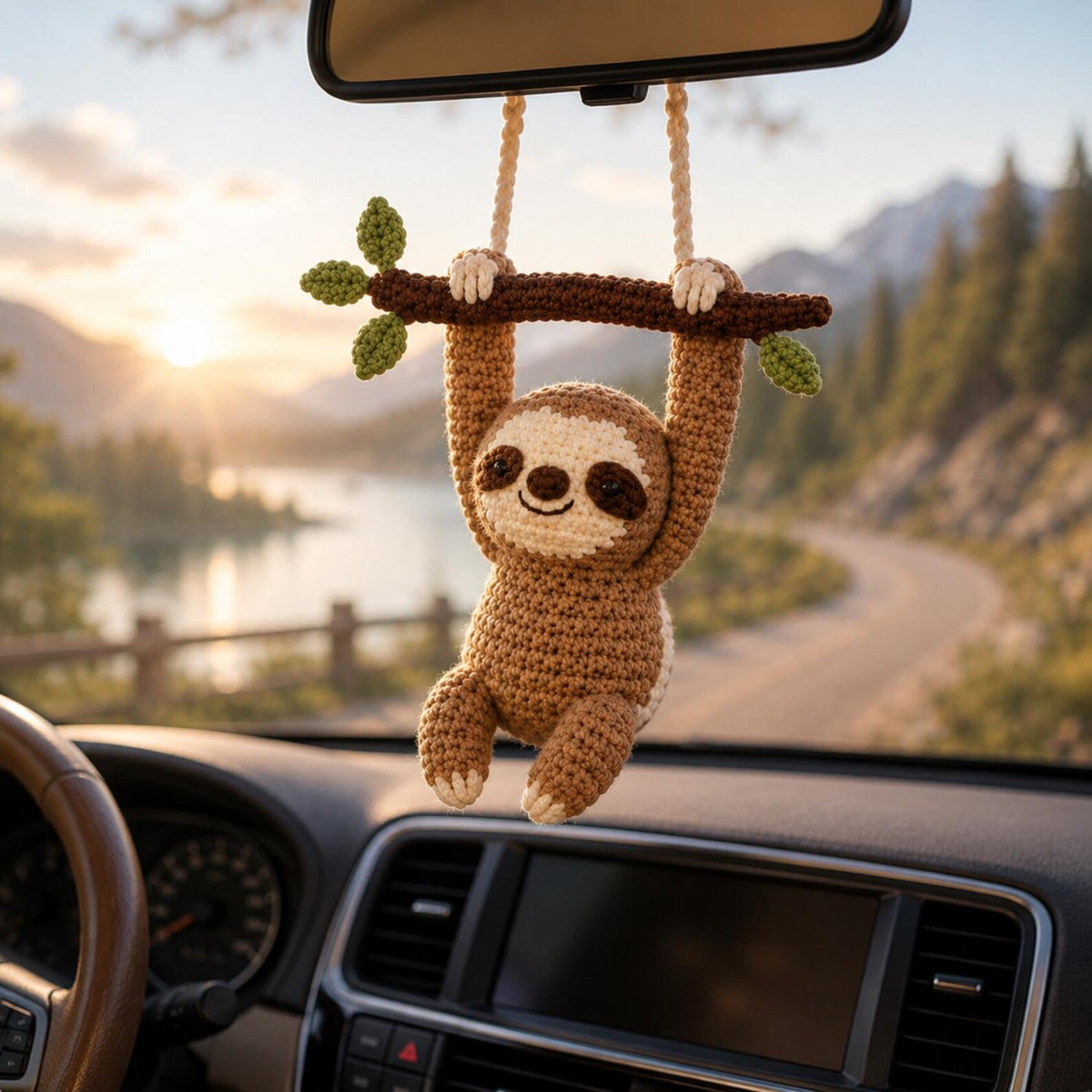 Crochet Sloth Car Charm Hanging, Cute Rear View Mirror Ornament, Handmade Amigurumi Car Accessory, Car Decor, Cute Gift for Her,Friend Gift