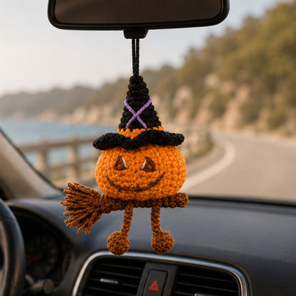 Crochet Pumpkin Witch Car Hanging Ornament, Halloween Rearview Mirror Charm, Handmade Fall Decor, Spooky Amigurumi Gift, Friend Gift