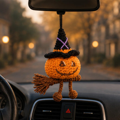 Crochet Pumpkin Witch Car Hanging Ornament, Halloween Rearview Mirror Charm, Handmade Fall Decor, Spooky Amigurumi Gift, Friend Gift
