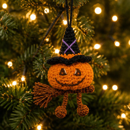 Crochet Pumpkin Witch Car Hanging Ornament, Halloween Rearview Mirror Charm, Handmade Fall Decor, Spooky Amigurumi Gift, Friend Gift