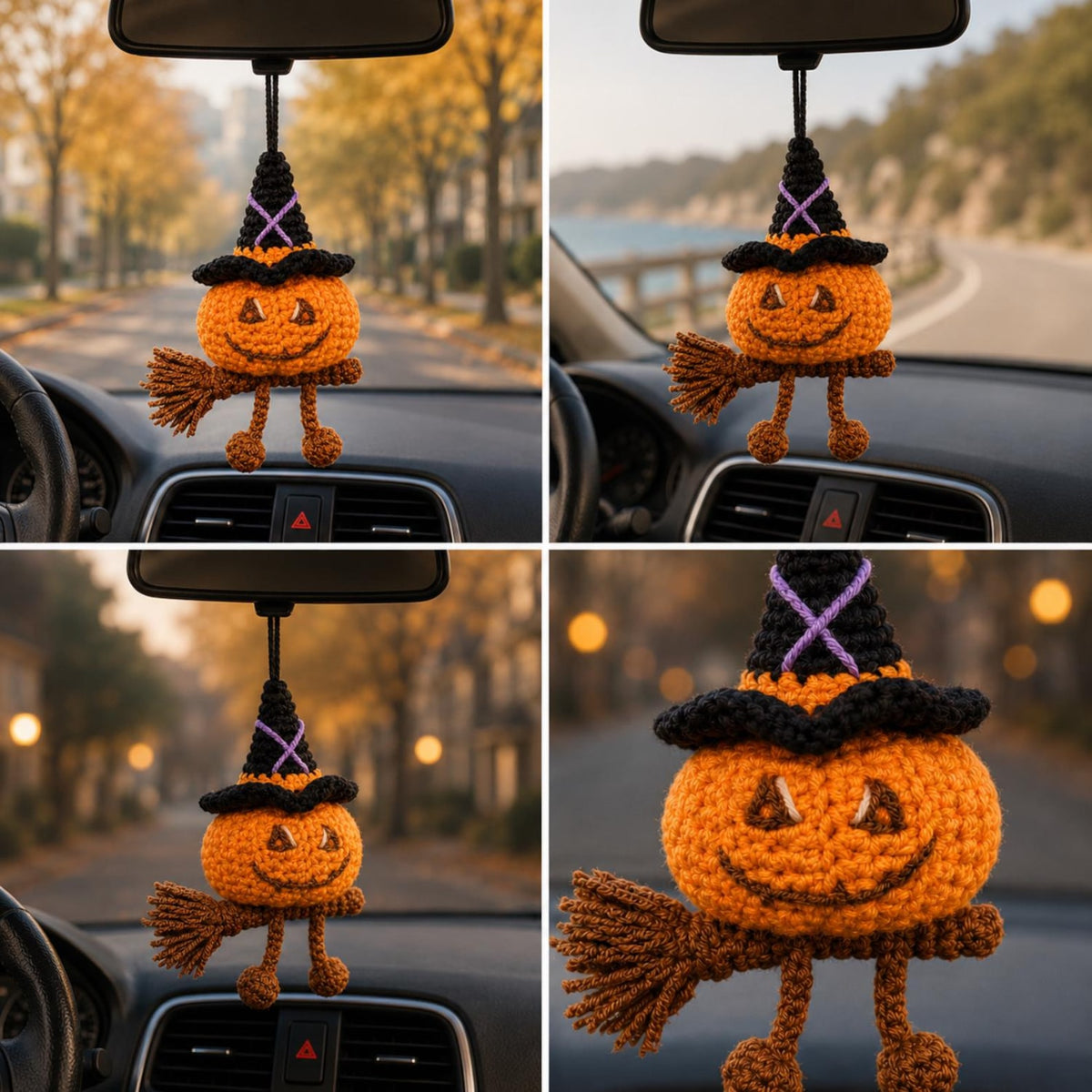 Crochet Pumpkin Witch Car Hanging Ornament, Halloween Rearview Mirror Charm, Handmade Fall Decor, Spooky Amigurumi Gift, Friend Gift