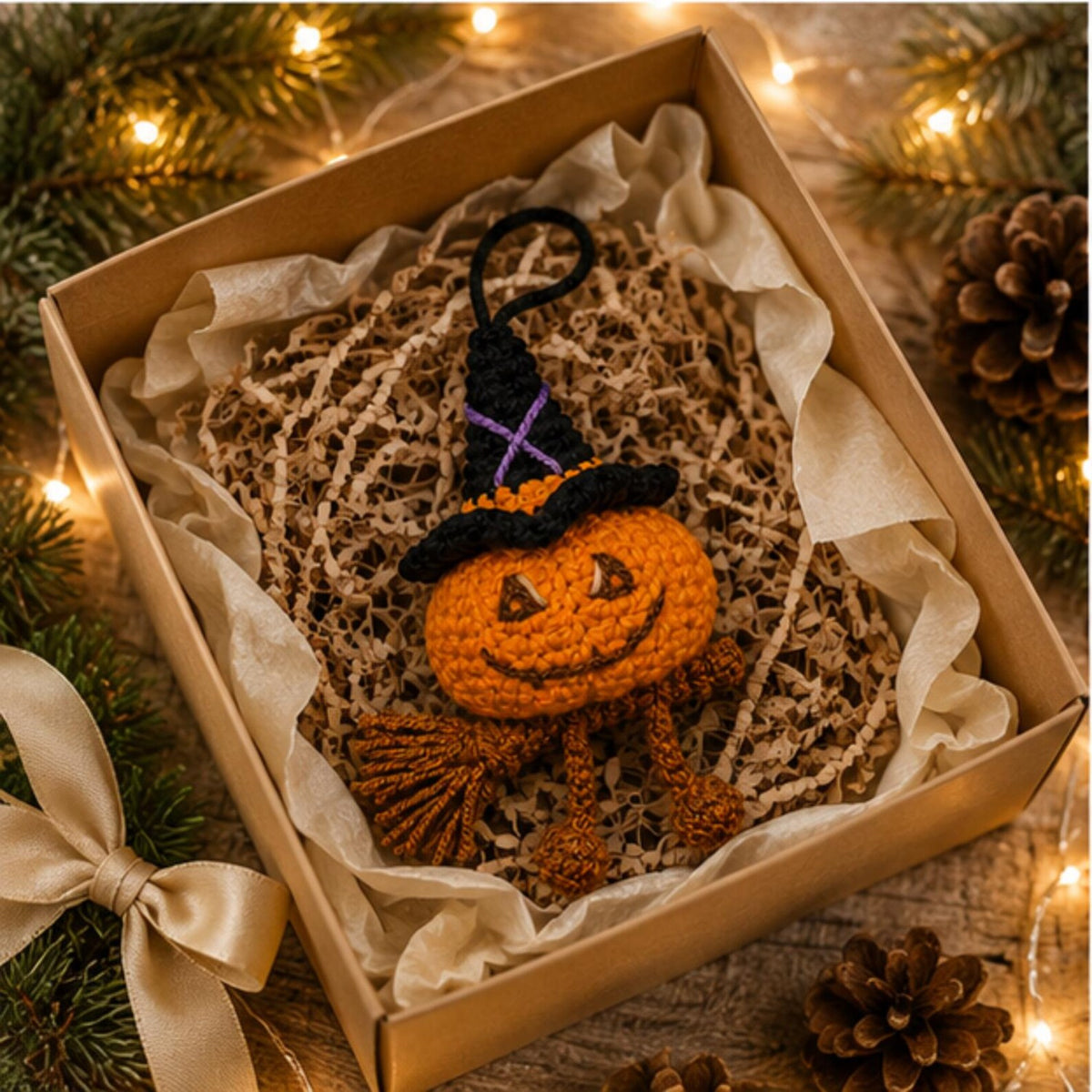 Crochet Pumpkin Witch Car Hanging Ornament, Halloween Rearview Mirror Charm, Handmade Fall Decor, Spooky Amigurumi Gift, Friend Gift