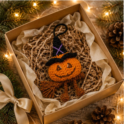 Crochet Pumpkin Witch Car Hanging Ornament, Halloween Rearview Mirror Charm, Handmade Fall Decor, Spooky Amigurumi Gift, Friend Gift
