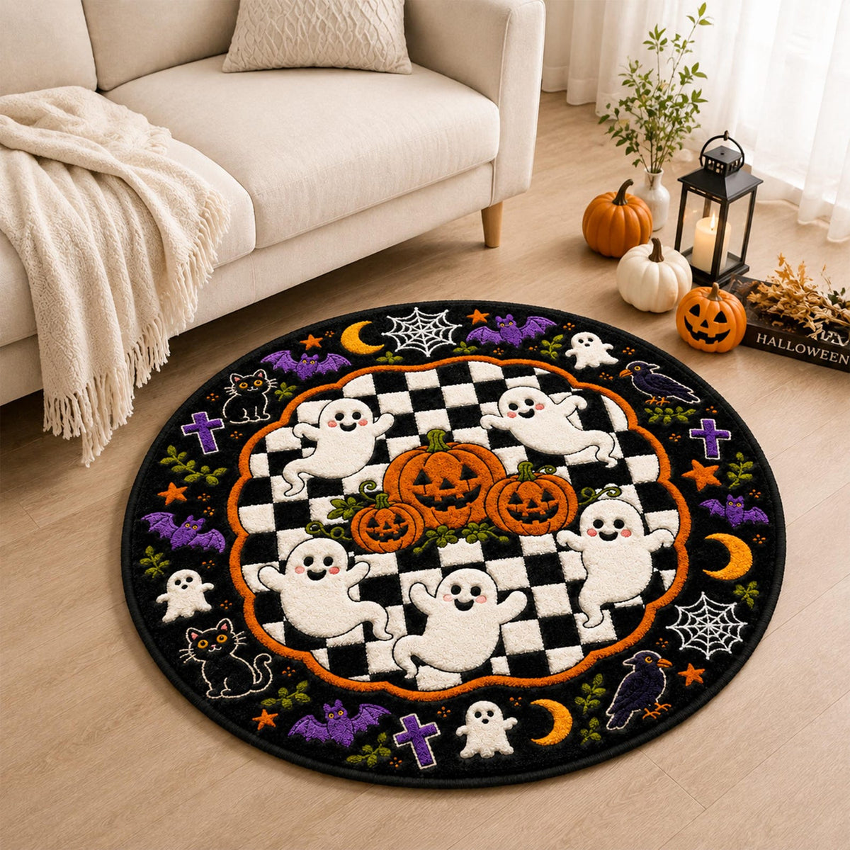 Halloween Ghost Rug, Cute Spooky Floor Mat, Round Gothic Room Decor, Cozy Fall Home Accent Rug, Fun Halloween Gift for Ghost Lovers