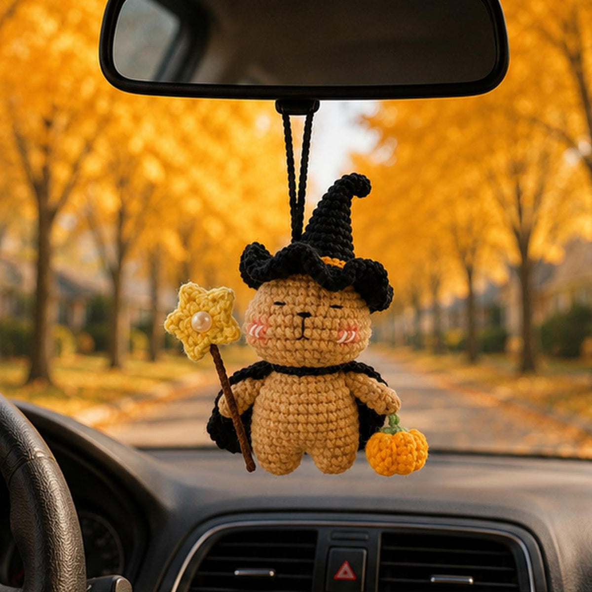 Crochet Capybara Witch Car Hanging Ornament, Halloween Rearview Mirror Charm, Handmade Fall Decor, Spooky Amigurumi Gift, Cute Friends Gift