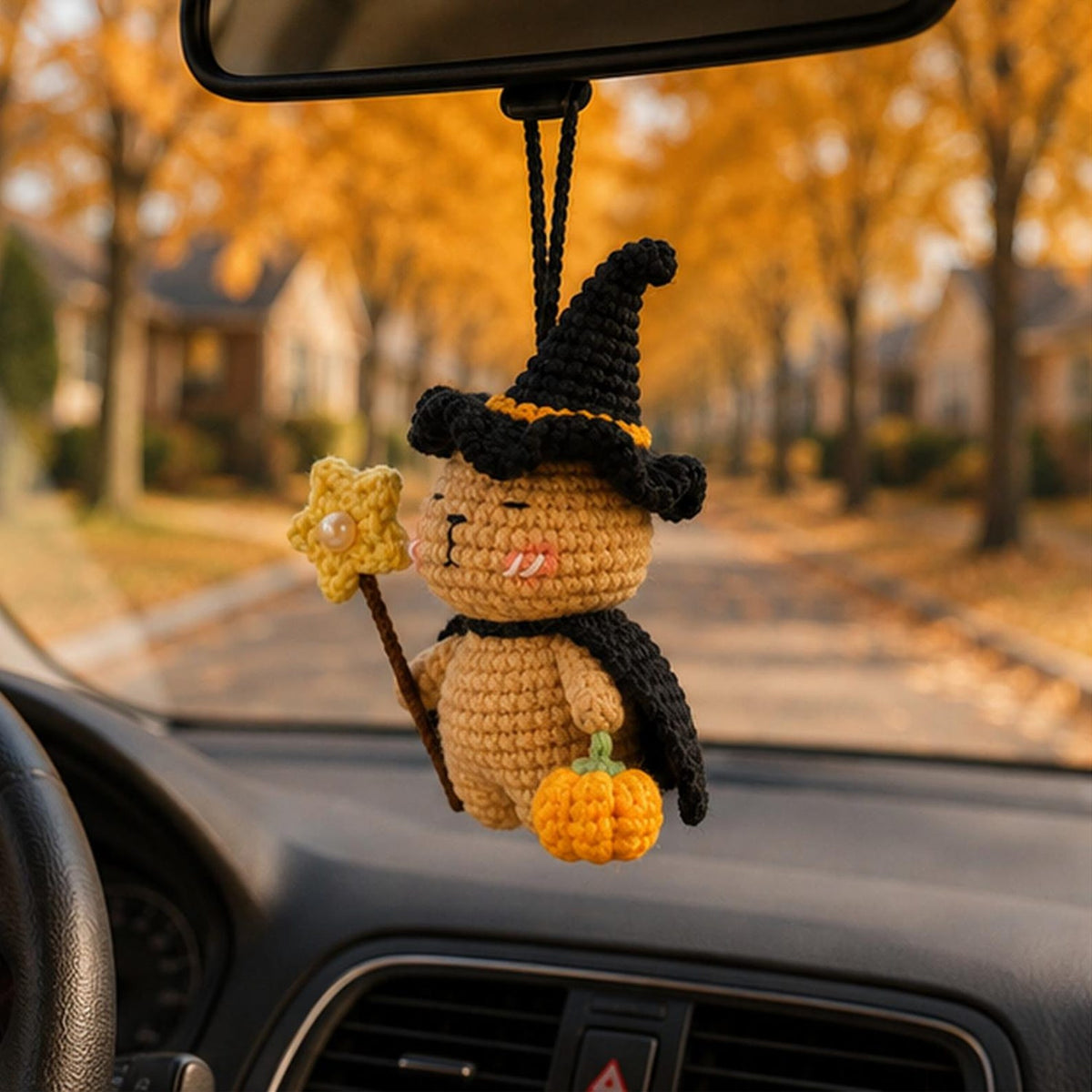 Crochet Capybara Witch Car Hanging Ornament, Halloween Rearview Mirror Charm, Handmade Fall Decor, Spooky Amigurumi Gift, Cute Friends Gift