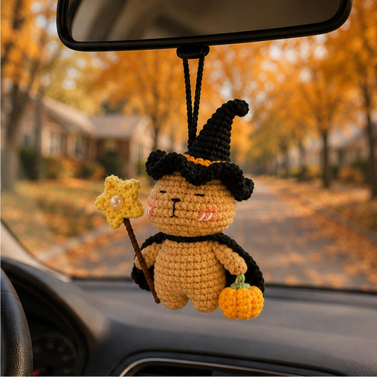 Crochet Capybara Witch Car Hanging Ornament, Halloween Rearview Mirror Charm, Handmade Fall Decor, Spooky Amigurumi Gift, Cute Friends Gift