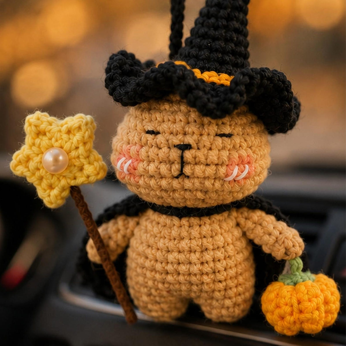 Crochet Capybara Witch Car Hanging Ornament, Halloween Rearview Mirror Charm, Handmade Fall Decor, Spooky Amigurumi Gift, Cute Friends Gift