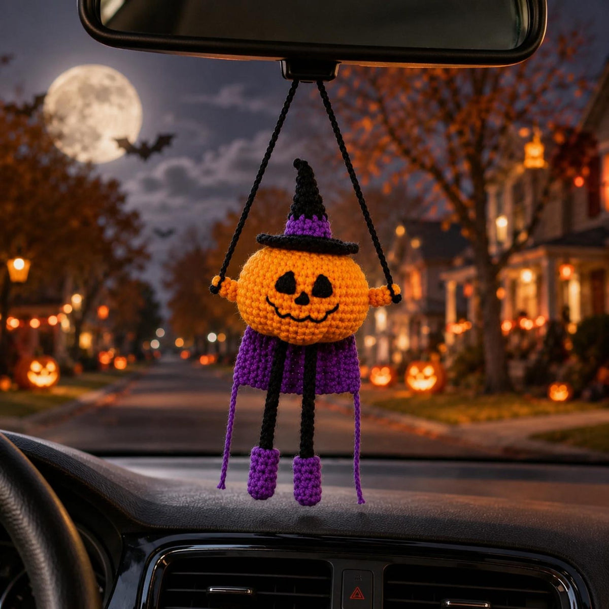 Crochet Super Pumpkin Witch Car Hanging Ornament, Halloween Rearview Mirror Charm, Handmade Fall Decor, Spooky Amigurumi Gift, Friend Gift
