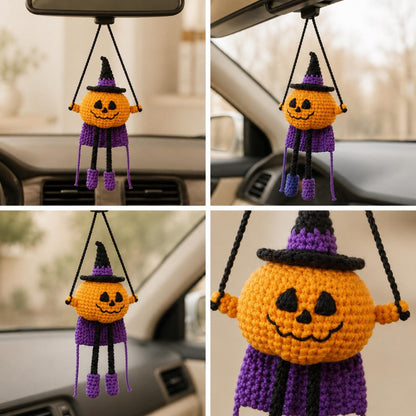 Crochet Super Pumpkin Witch Car Hanging Ornament, Halloween Rearview Mirror Charm, Handmade Fall Decor, Spooky Amigurumi Gift, Friend Gift