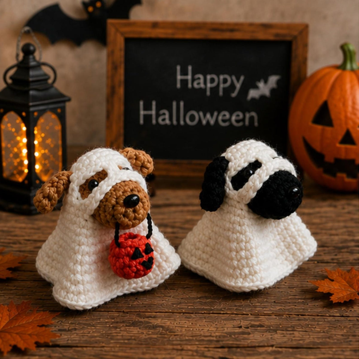 Crochet Ghost Dog Halloween Decor, Amigurumi Puppy Costume with Pumpkin Bucket, Cute Pet Lover Gift, Friend Gift, Funny Kid gift