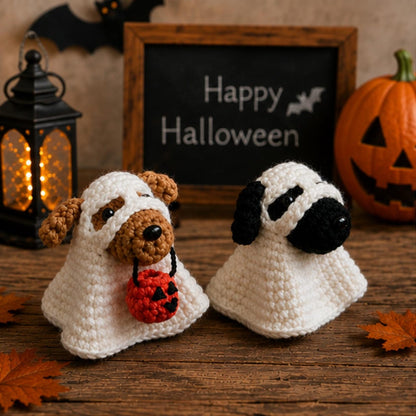 Crochet Ghost Dog Halloween Decor, Amigurumi Puppy Costume with Pumpkin Bucket, Cute Pet Lover Gift, Friend Gift, Funny Kid gift