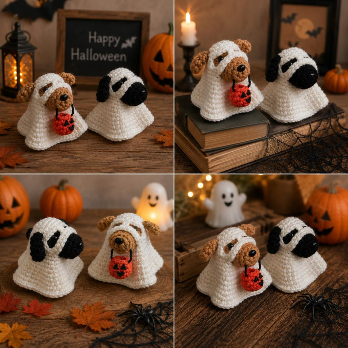 Crochet Ghost Dog Halloween Decor, Amigurumi Puppy Costume with Pumpkin Bucket, Cute Pet Lover Gift, Friend Gift, Funny Kid gift