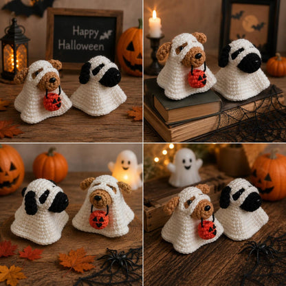 Crochet Ghost Dog Halloween Decor, Amigurumi Puppy Costume with Pumpkin Bucket, Cute Pet Lover Gift, Friend Gift, Funny Kid gift