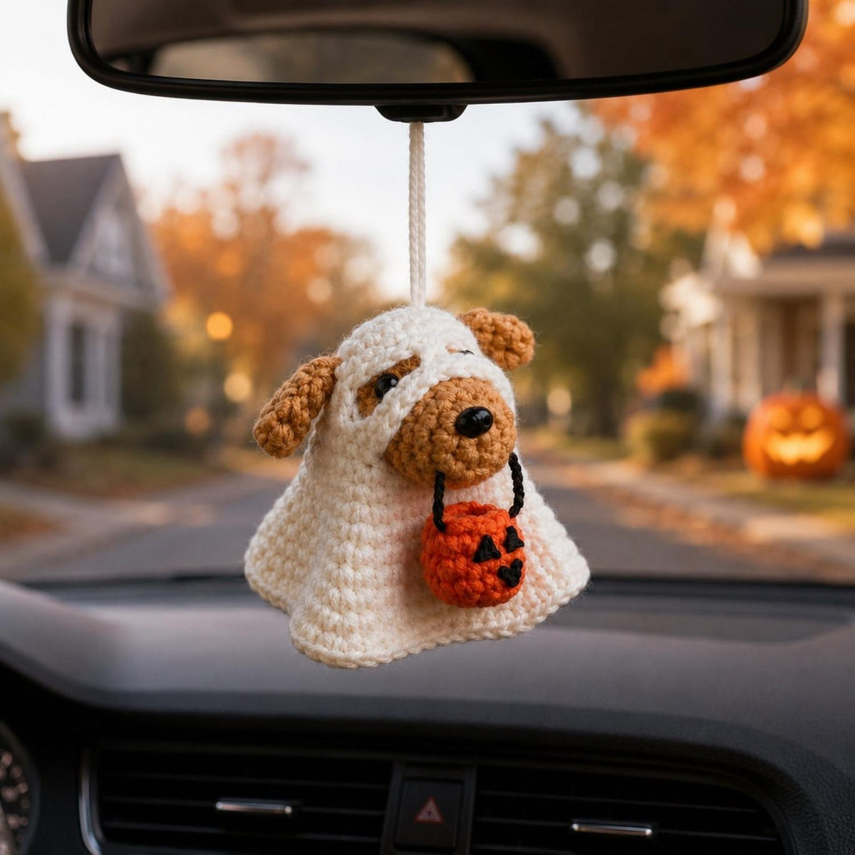 Crochet Ghost Dog Halloween Decor, Amigurumi Puppy Costume with Pumpkin Bucket, Cute Pet Lover Gift, Friend Gift, Funny Kid gift