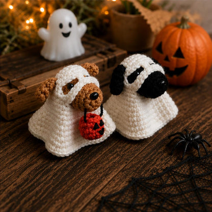 Crochet Ghost Dog Halloween Decor, Amigurumi Puppy Costume with Pumpkin Bucket, Cute Pet Lover Gift, Friend Gift, Funny Kid gift