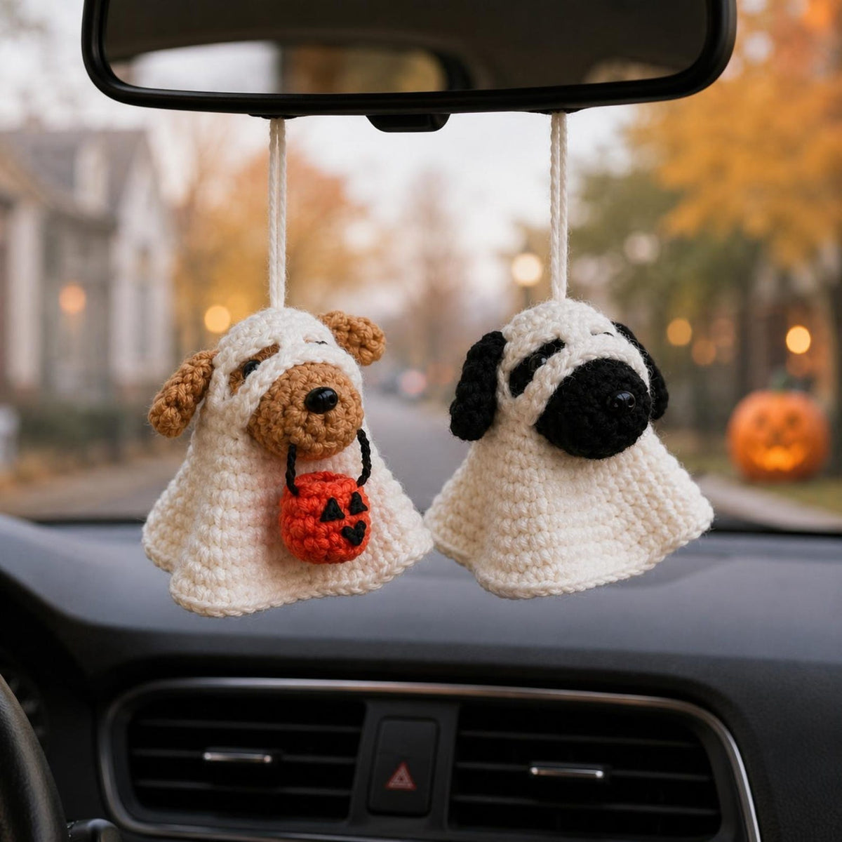 Crochet Ghost Dog Halloween Decor, Amigurumi Puppy Costume with Pumpkin Bucket, Cute Pet Lover Gift, Friend Gift, Funny Kid gift