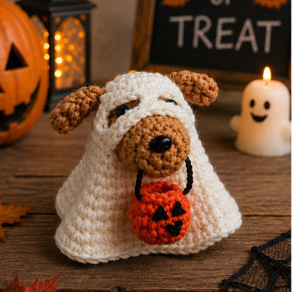 Crochet Ghost Dog Halloween Decor, Amigurumi Puppy Costume with Pumpkin Bucket, Cute Pet Lover Gift, Friend Gift, Funny Kid gift