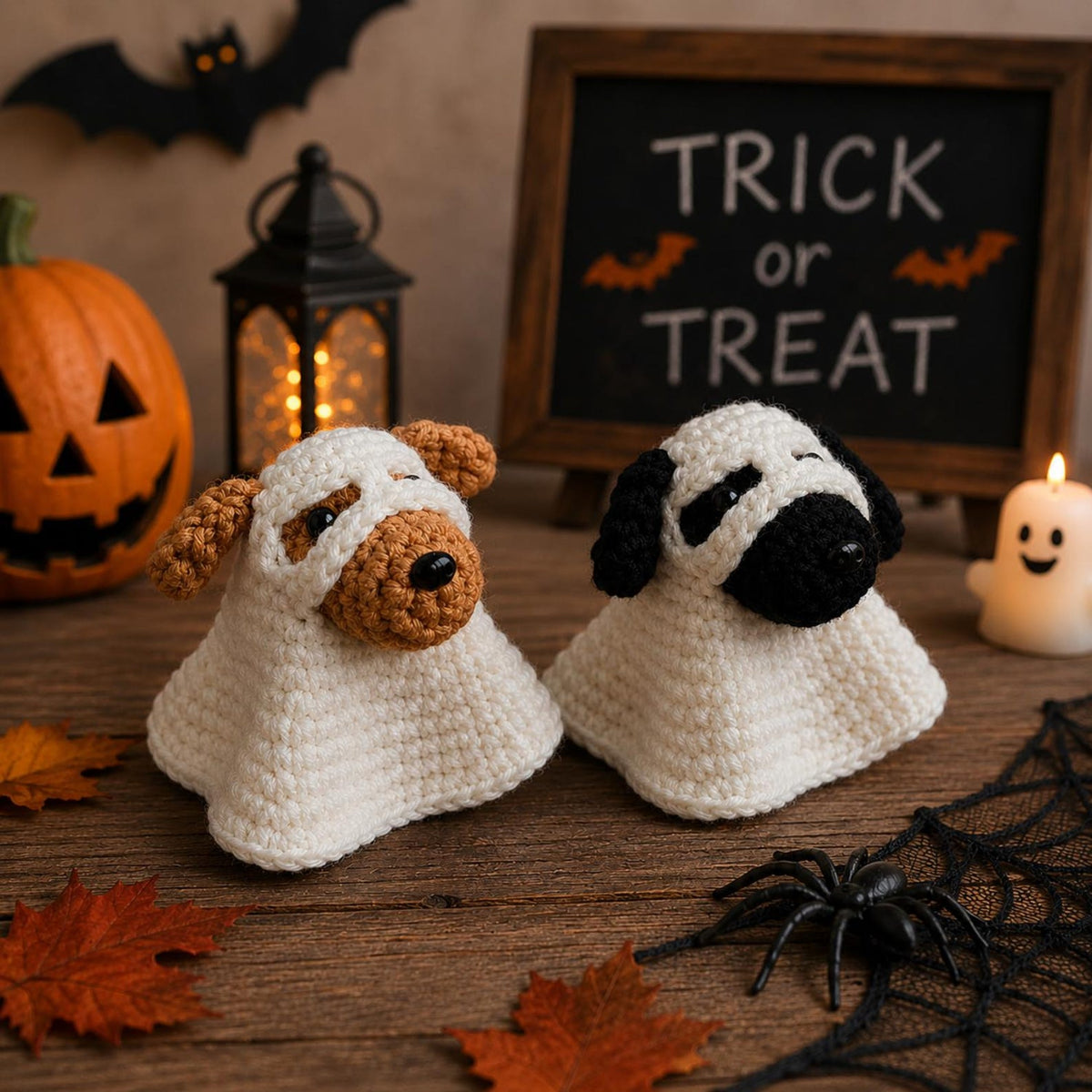 Crochet Ghost Dog Halloween Decor, Amigurumi Puppy Costume with Pumpkin Bucket, Cute Pet Lover Gift, Friend Gift, Funny Kid gift