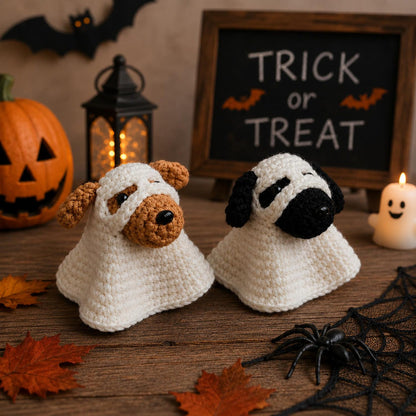 Crochet Ghost Dog Halloween Decor, Amigurumi Puppy Costume with Pumpkin Bucket, Cute Pet Lover Gift, Friend Gift, Funny Kid gift