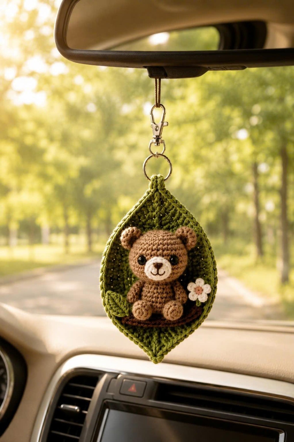 Crochet Animal Leaf Keychain, Owl Cow Tiger Bear Bag Charm, Handmade Car Charm, Cute Woodland Gift, Animal Lover Gift