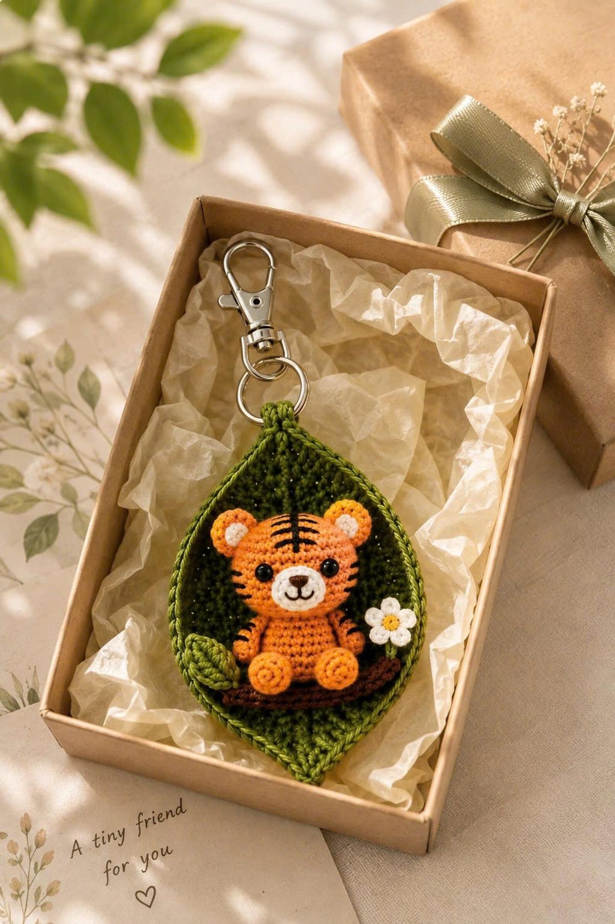 Crochet Animal Leaf Keychain, Owl Cow Tiger Bear Bag Charm, Handmade Car Charm, Cute Woodland Gift, Animal Lover Gift