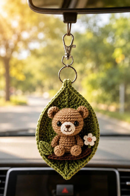 Crochet Animal Leaf Keychain, Owl Cow Tiger Bear Bag Charm, Handmade Car Charm, Cute Woodland Gift, Animal Lover Gift