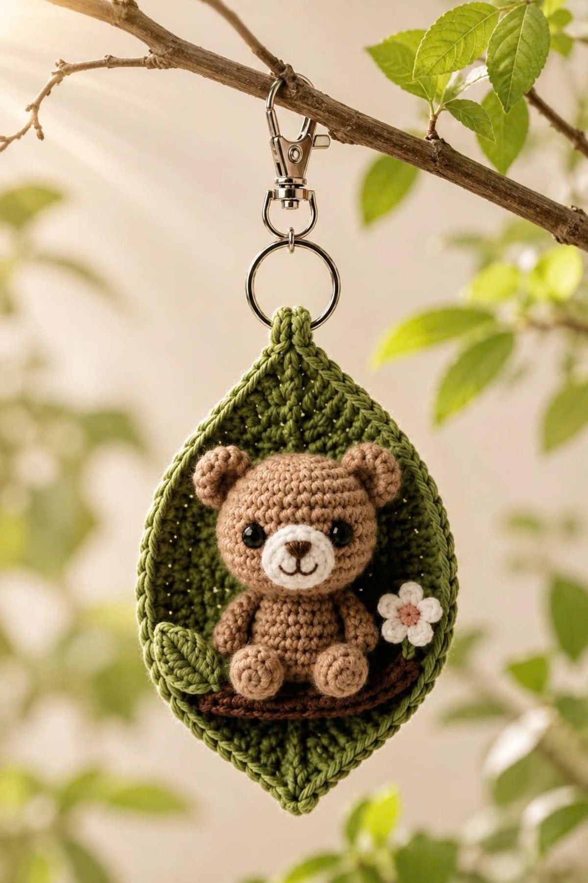 Crochet Animal Leaf Keychain, Owl Cow Tiger Bear Bag Charm, Handmade Car Charm, Cute Woodland Gift, Animal Lover Gift
